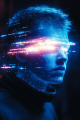 Poster - A face with streaks of neon lights crossing its eyes, symbolizing the convergence of digital reality and human perception.