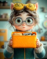 Poster - Friendly animated 3D character holding a basic rectangular container with a delightful and engaging personality featuring bold stylized forms dynamic composition and a lighthearted