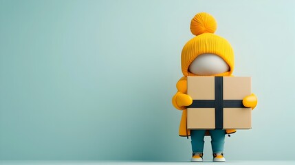 Poster - Friendly 3D rendered animated avatar character happily embracing a simple cardboard package perfect for kids  products in a clean white setting  Cheerful warm