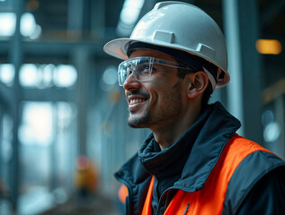 Poster - builder engineer in construction uniform and helmet on construction site background. generative ai