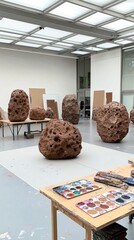 Sticker - An art studio featuring large, textured rock sculptures on display.