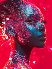Poster - A dynamic digital portrait featuring sparkling effects and red glow, symbolizing the vibrant energy of modern digital artistry today.