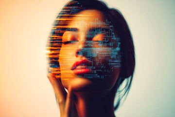 Poster - An orange-hued face adorned with glitch art showcases a blend of beauty and technology in a striking visual composition.