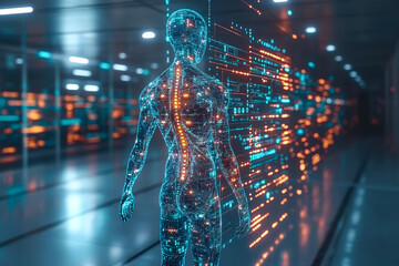 Poster - A futuristic digital human figure is illuminated with neon and cyber elements, reflecting the fusion of man and machine in technology.