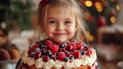 Wall Mural - A young girl is holding a cake with berries on it. She is smiling and looking at the camera