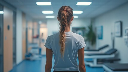 Poster - A woman with long hair is standing in a gym. She is wearing a white shirt and has her hair in a ponytail. The gym is empty, and there are no other people visible. The atmosphere is calm and quiet