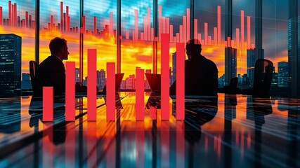 Poster - Business professionals analyzing financial data against a vibrant sunset skyline in an urban office