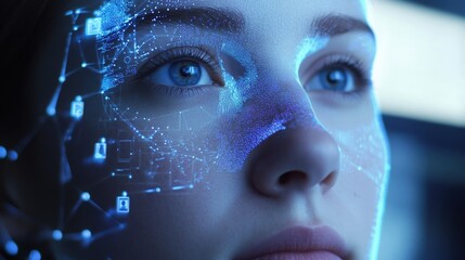 Poster - A high-tech facial recognition system driven by AI, analyzing facial geometry, expressions, and emotions in real-time, enhancing security and identity verification with pinpoint accuracy.