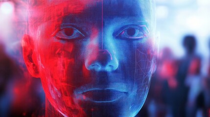 Poster - A high-tech facial recognition system utilizing AI algorithms to scan faces in crowds, providing instant identity verification and personalized access control with advanced data protection.