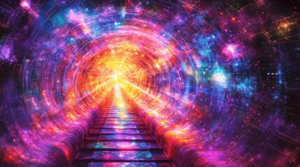 Poster - a mesmerizing scene depicting an abstract flight through a retro neon hyper warp space tunnel.