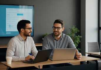 Two young men working at laptop computers