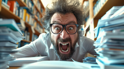 Stressed man in library surrounded by stacks of books and papers