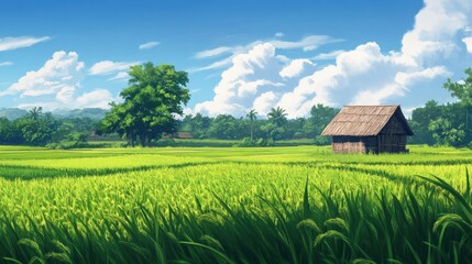 Canvas Print - A peaceful scene unfolds in the middle of a fragrant jasmine rice field, with a cozy wooden hut providing shelter among the green rice plants