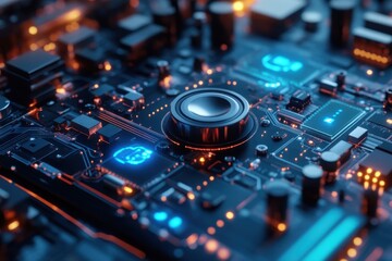 Poster - Detailed close-up of a circuit board showcasing intricate components and glowing lights