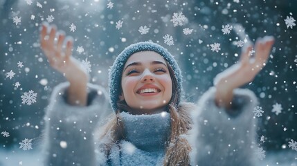 Beautiful young woman enjoying in the snow. 