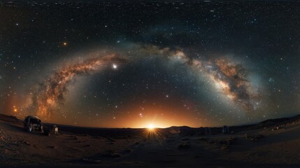 Aufkleber - A seamless, 360-degree space background in equirectangular projection, with glowing nebulae and bright stars scattered across the cosmos
