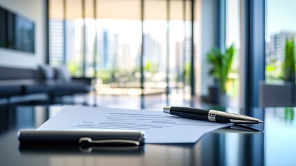 Poster - A modern office setting with a document and pens on a table, overlooking a cityscape.