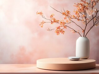 Poster - Minimalist and Elegant Wooden Pedestal Staged on a Soft Pink Backdrop Bathed in Warm Studio Lighting to Highlight the Clean and Detailed Design in a Product Photography Style