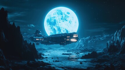 Poster - AI-created concept art of a futuristic space outpost, built on a desolate moon, with advanced technology, hovering spacecraft, and cosmic phenomena lighting up the night sky