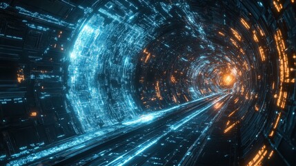 Poster - AI-generated concept art of a futuristic space journey, with massive starships flying through cosmic tunnels and wormholes, creating a sense of interstellar speed and adventure