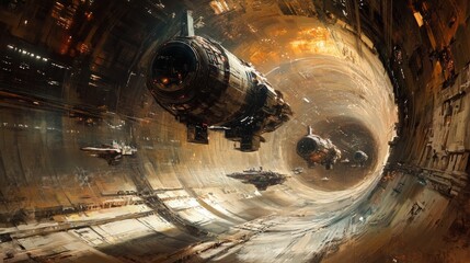 Poster - AI-generated concept art of a futuristic space journey, with massive starships flying through cosmic tunnels and wormholes, creating a sense of interstellar speed and adventure