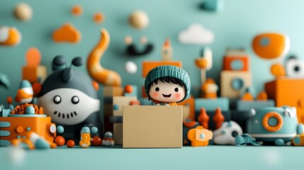 Poster - A 3D rendered playful cartoon persona grasping an unadorned cardboard box with a joyful and curious attitude set against vibrant hues and a loose