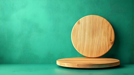 Poster - Wooden Podium Displayed on a Table with a Green Background and Warm Studio Lighting for Clean and Sophisticated Minimalist Product Photography