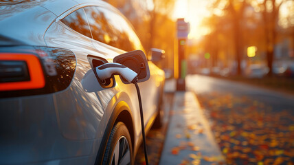 Electric car charging at sunset in autumn street.