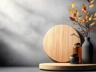 Poster - Elegant and minimalist wooden podium displayed on a gray background with soft studio lighting perfect for product photography and showcase  The clean and simple design creates a scene