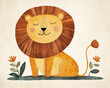 © Robert Kneschke - Adorable folk art lion illustration with a storybook style and gentle charm, surrounded by floral elements.