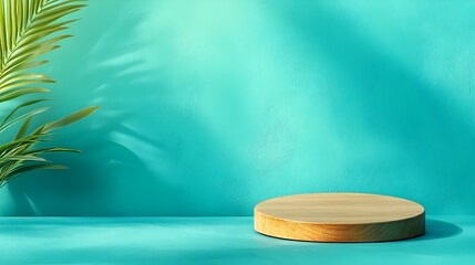 Poster - Elegant and minimalist wooden podium set against a vibrant blue background bathed in warm tones and soft studio lighting