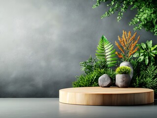 Poster - Elegant Wooden Round Podium Placed on Gray Table with Warm Studio Lighting Ideal for Product Photography Branding and Minimalist Presentations