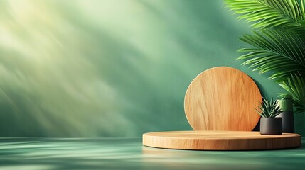 Poster - Elegant and minimalist wooden podium displayed on a table with a warm toned green background and soft studio lighting creating a and super detailed product photography scene