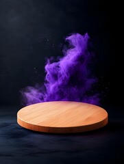 Poster - Minimalist and Elegant Wooden Podium Displayed on a Black Background with Warm Tones and Soft Studio Lighting Highlighting the Clean and Simple Design in a Product Photography Style
