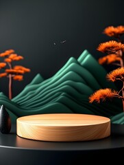 Poster - Elegant Wooden Podium on a Table with Dramatic Lighting and Minimalist Design  Product Photography Style Image