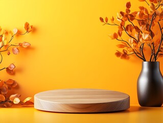 Poster - Elegant round wooden podium placed on a table with a warm toned yellow background designed for minimalist product photography in a studio lighting setup featuring soft