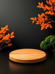 Poster - Elegant and Sophisticated Wooden Podium Displayed on a Dark Background with Soft Studio Lighting Creating a Minimalist and Premium Aesthetic for Product Photography or Commercial Branding