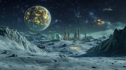 Poster - an ai-created sci-fi space scene showing a futuristic colony on an alien moon, with advanced technol