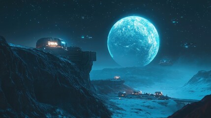 Poster - an ai-created sci-fi space scene showing a futuristic colony on an alien moon, with advanced technol