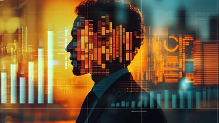 Poster - A business professional analyzes data trends against a vibrant digital backdrop in an urban setting