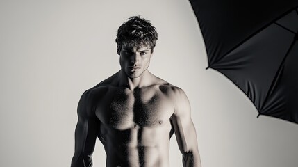 A muscular man poses confidently under an umbrella, showcasing strength and style against a minimalist background.