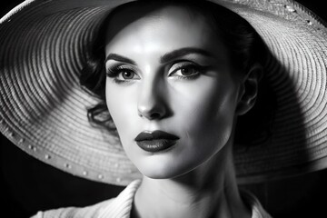 Wall Mural - A monochrome portrait of a woman wearing an elegantly large hat, her lips slightly parted, embodying timeless elegance and mystery in soft tones.