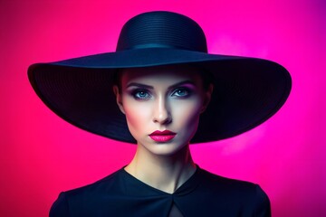 Wall Mural - A vibrant, colorful portrait captures a person in a large hat, set against a striking pink background. The abstract yet stylish appearance makes it visually captivating and trendy.