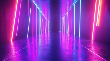 Poster - Panoramic 3D render of neon lights with glowing purple, violet, and pink lines under ultraviolet illumination