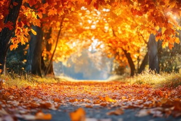 fall foliage walkway, bright golden path framed by vivid autumn leaves under a fiery orange and red canopy