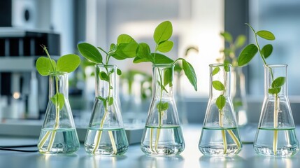 Poster - Pea plant growth in Erlenmeyer flasks, placed in a modern laboratory for scientific research and experimentation