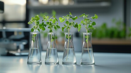 Poster - Pea plants in Erlenmeyer flasks on a lab bench, representing botanical research and controlled growth experiments