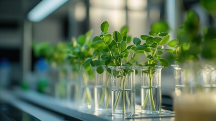 Poster - Pea plants in Erlenmeyer flasks on a lab bench, representing botanical research and controlled growth experiments