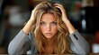 © imagineRbc - A young woman with tousled hair is sitting indoors, visibly distressed as she clutches her head in frustration, conveying emotions of worry and anxiety