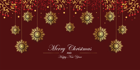 Wall Mural - Merry christmas happy new year background with hanging gold snowflakes